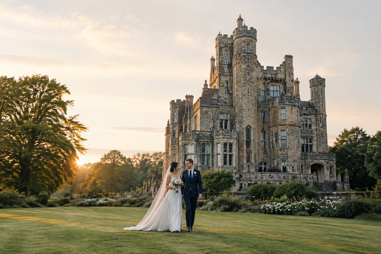 A newlywed couple stands in the grounds of Fonthill Castle with the historic castle behind them.