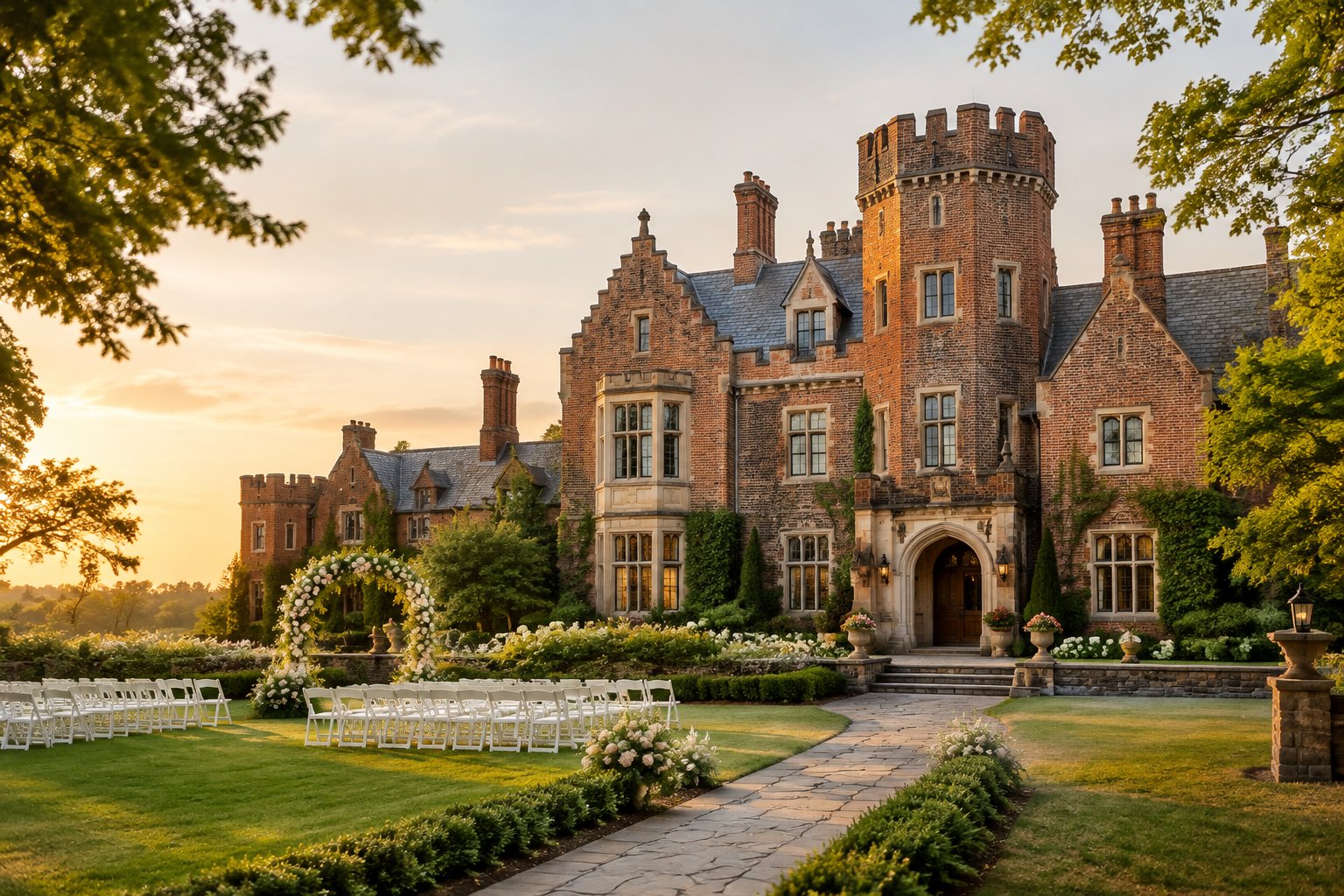 A historic castle-like wedding venue surrounded by gardens and wedding chairs in golden-hour light.