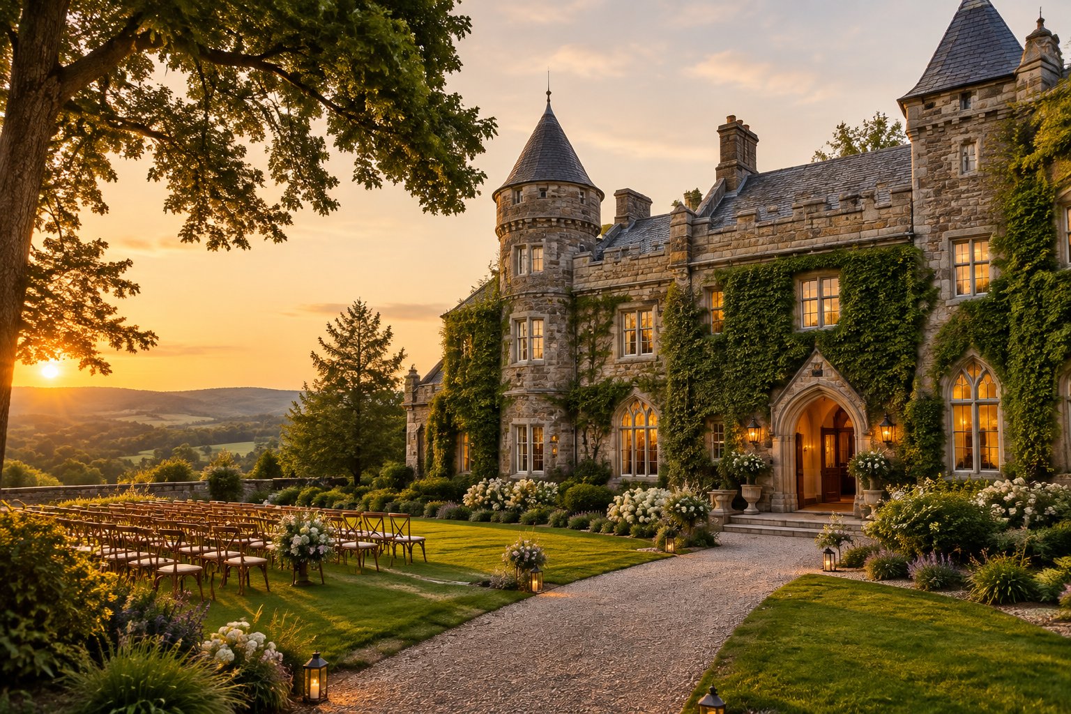 A historic stone castle-style wedding venue surrounded by gardens, trees, and rolling countryside.
