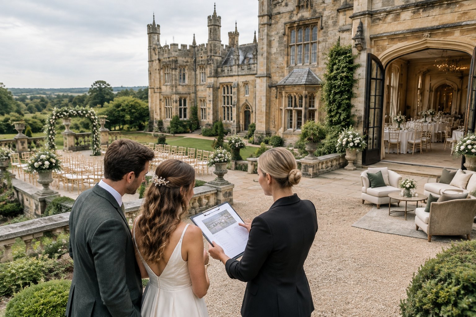A couple and wedding planner review venue plans outside an elegant castle with landscaped grounds and wedding tables.