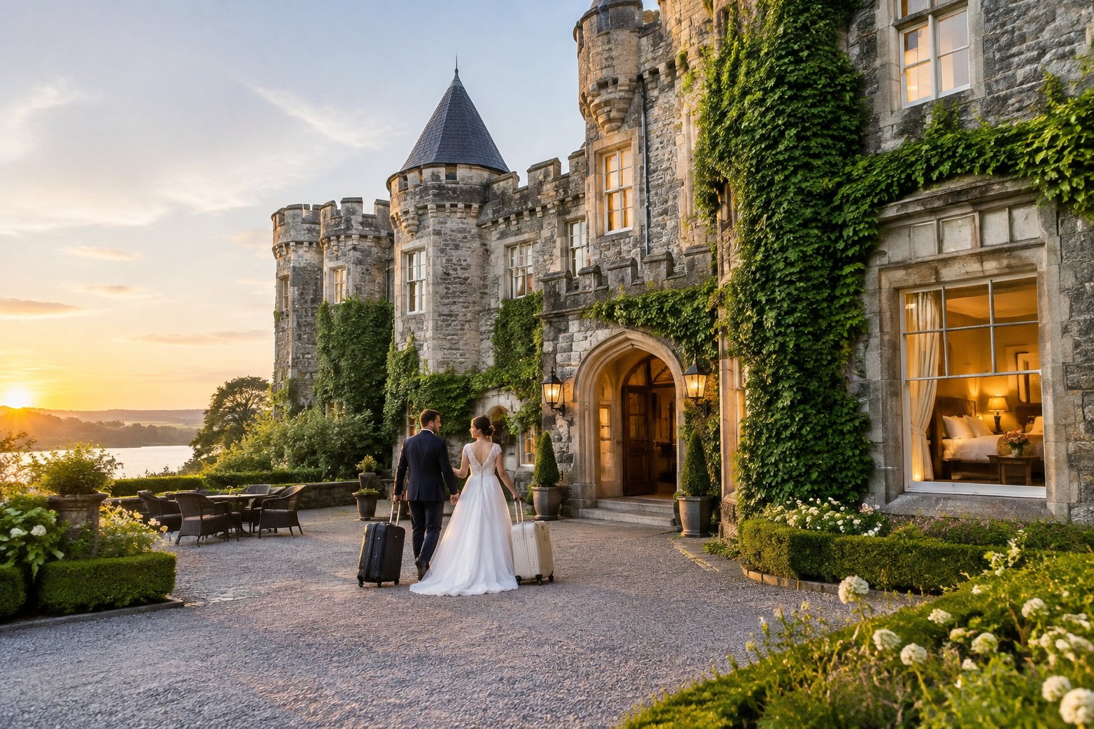 Guests with luggage arrive at an elegant castle wedding venue surrounded by landscaped gardens.