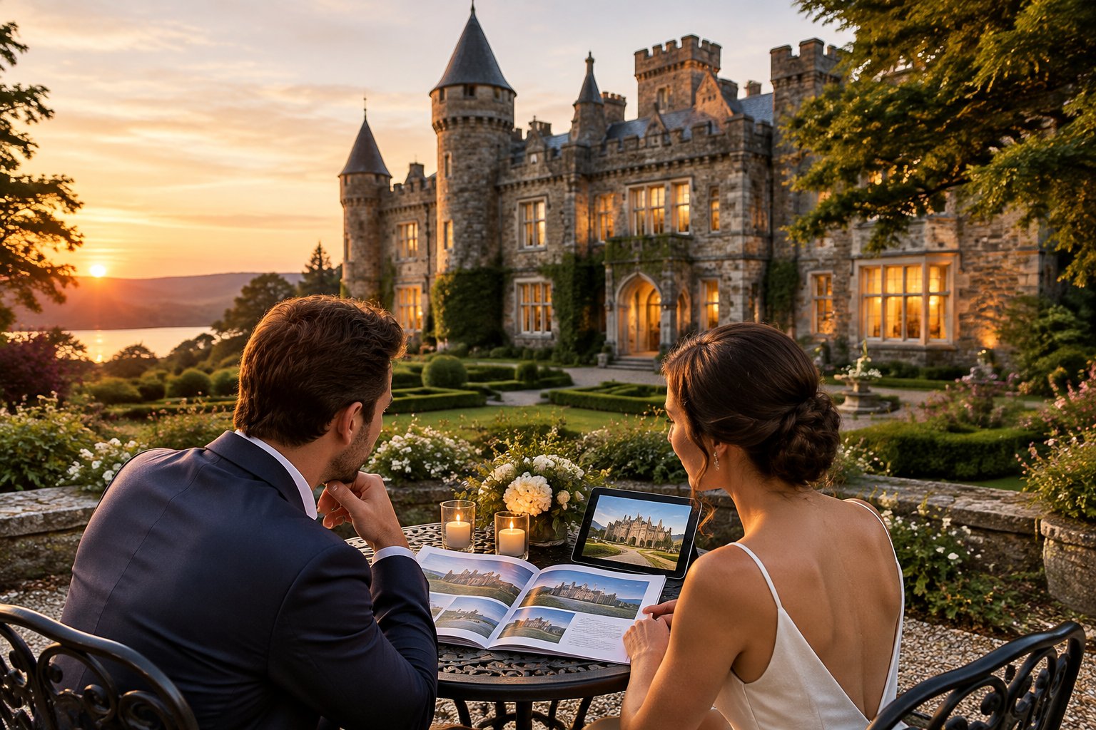 A couple considers an overnight wedding stay at an illuminated castle surrounded by gardens.