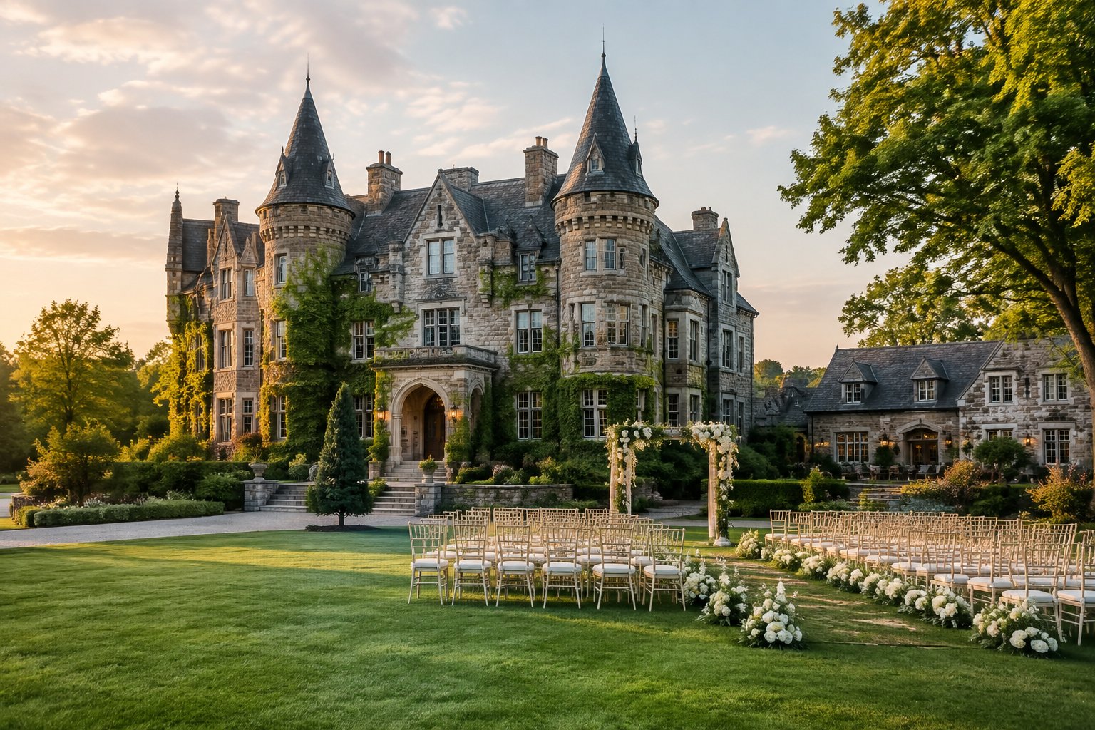 A stone castle wedding venue with landscaped grounds, ceremony chairs, floral decorations, and adjoining guest accommodations.