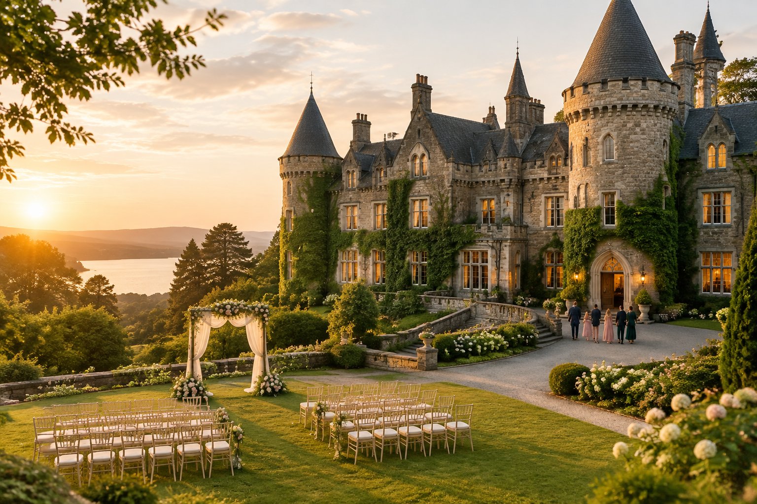 A historic castle wedding venue with gardens, ceremony chairs, and guests approaching the entrance.