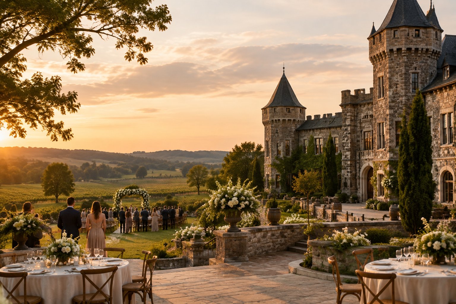 An elegant wedding setting outside a historic stone castle in the rolling Bourbon Country landscape.