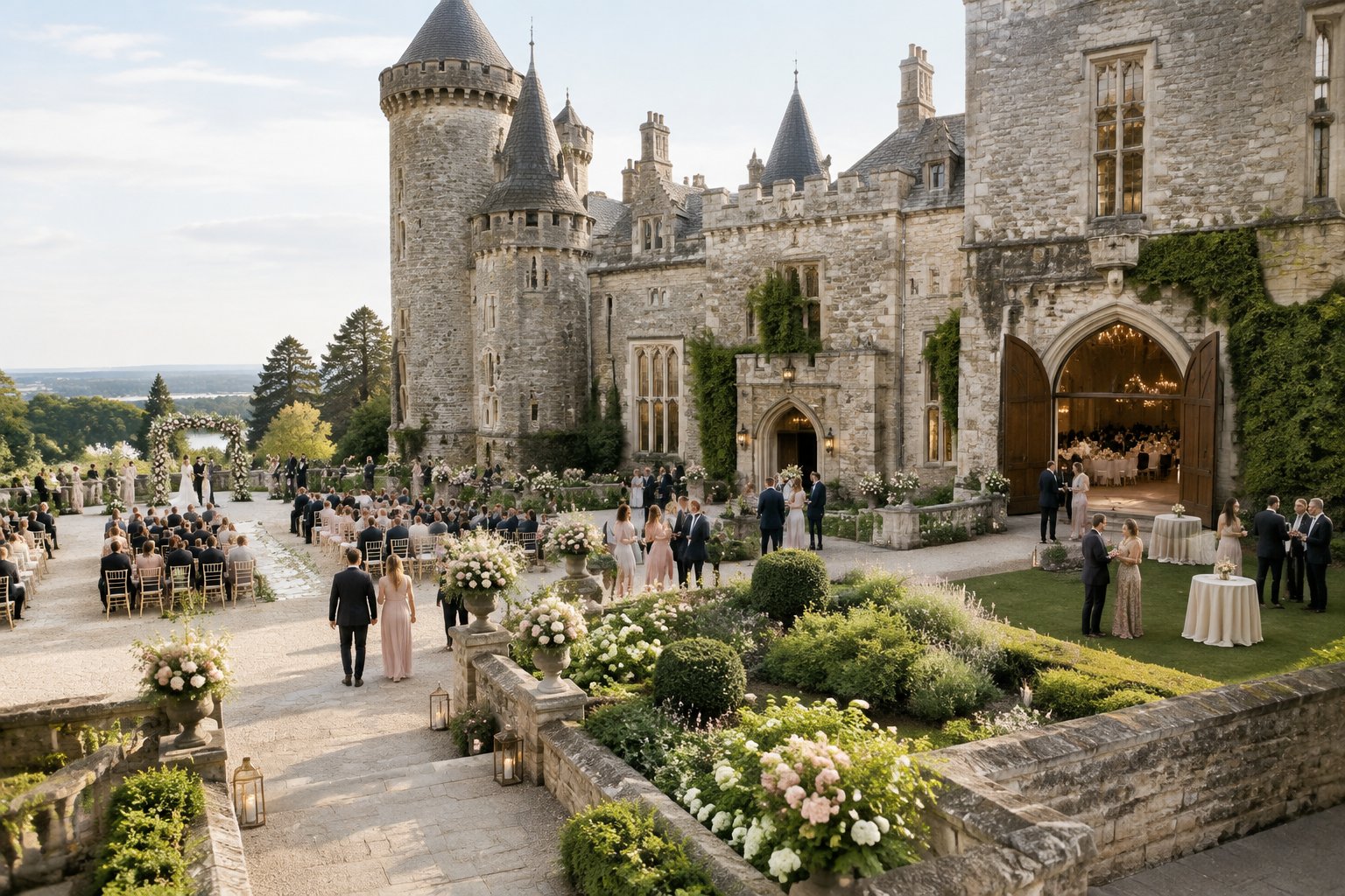 A castle wedding venue showing the ceremony courtyard, garden, entrance, and reception hall connected together.