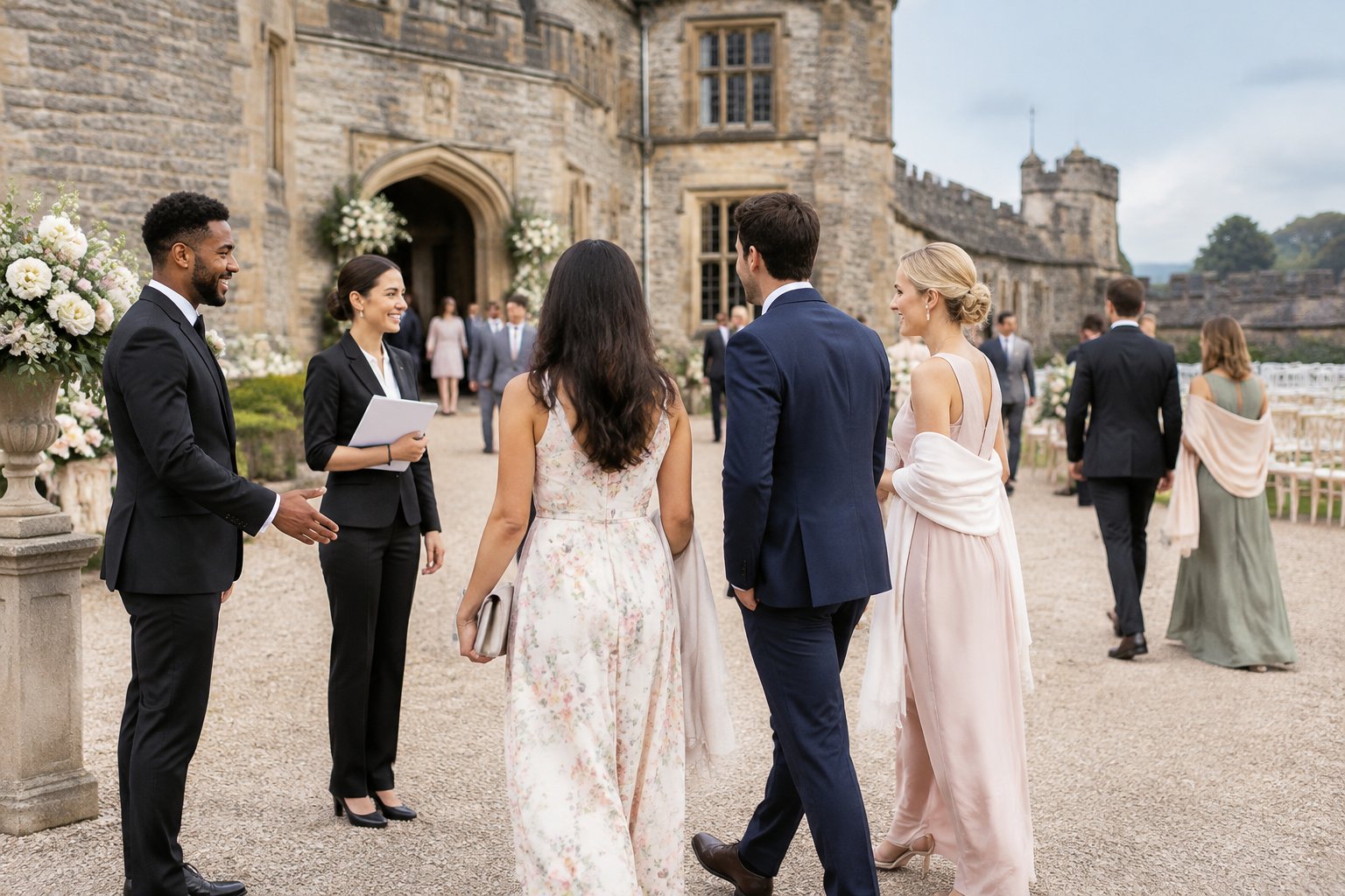 Wedding guests arrive at a grand castle venue and are welcomed by staff near a decorated courtyard.