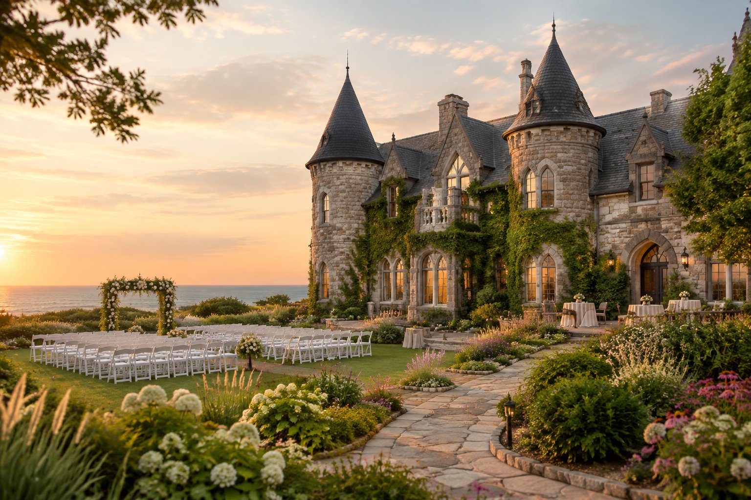 A castle-style wedding venue surrounded by gardens and an outdoor ceremony setup.