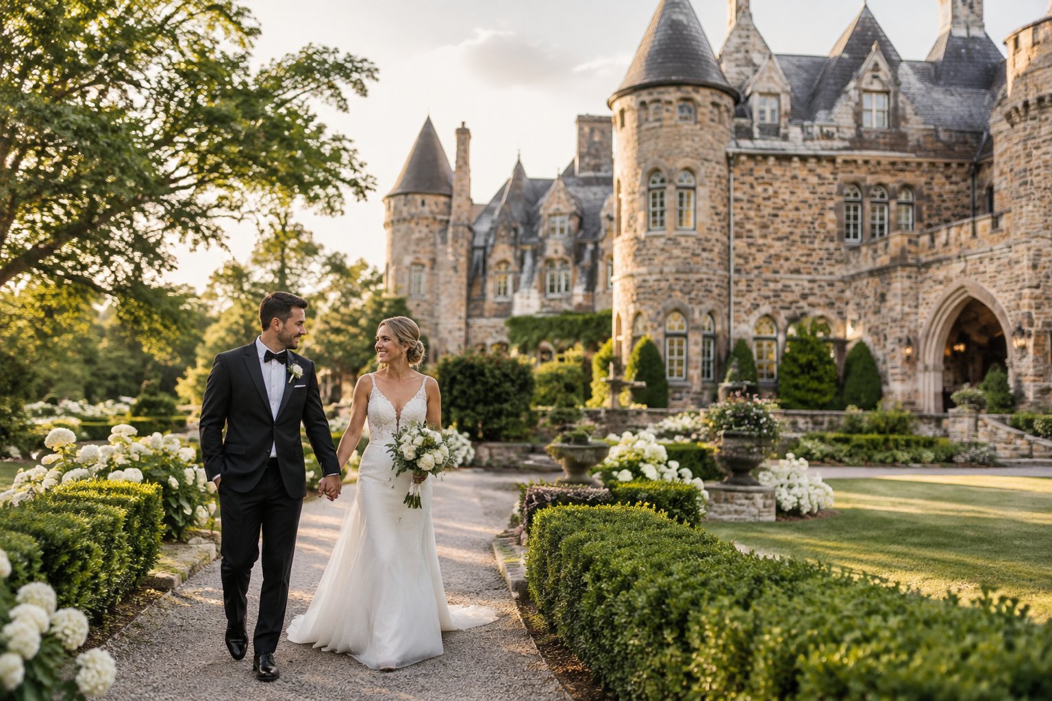 A newlywed couple walks through a landscaped garden beside a stone castle-style wedding venue.