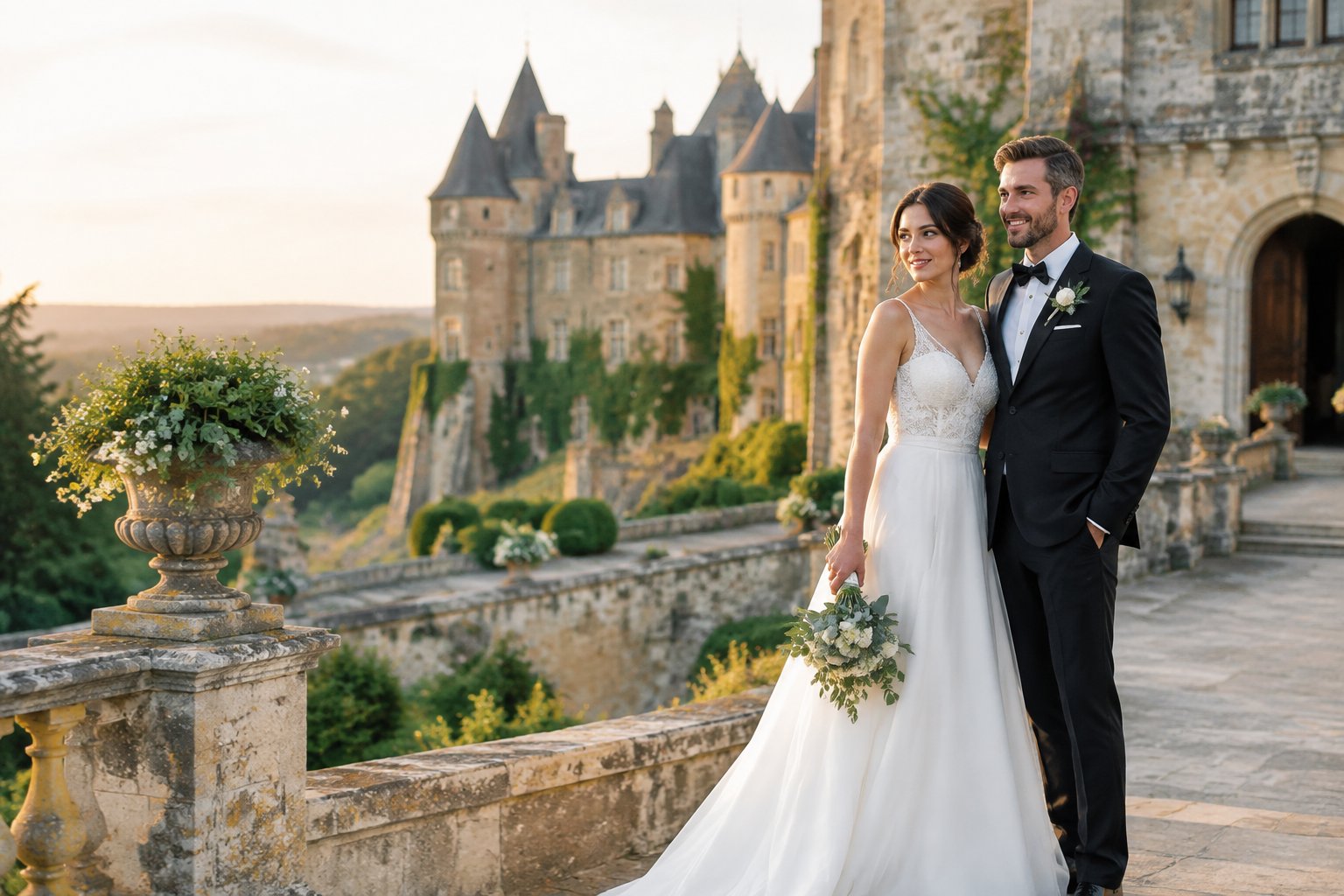 A newlywed couple poses on a stone terrace outside a historic castle.