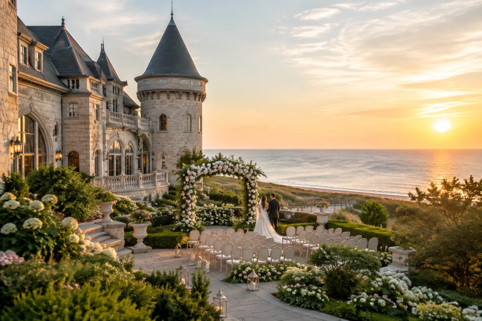 A couple celebrates their wedding outside a castle-style coastal venue overlooking the ocean.