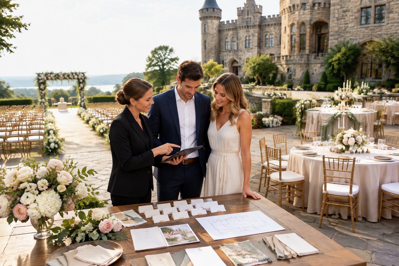 A couple and wedding planner review ceremony and reception arrangements outside a castle wedding venue.