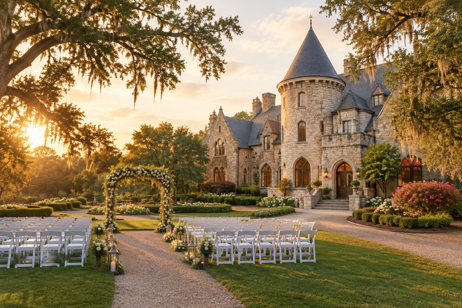 A castle-style wedding venue surrounded by gardens and mature trees.