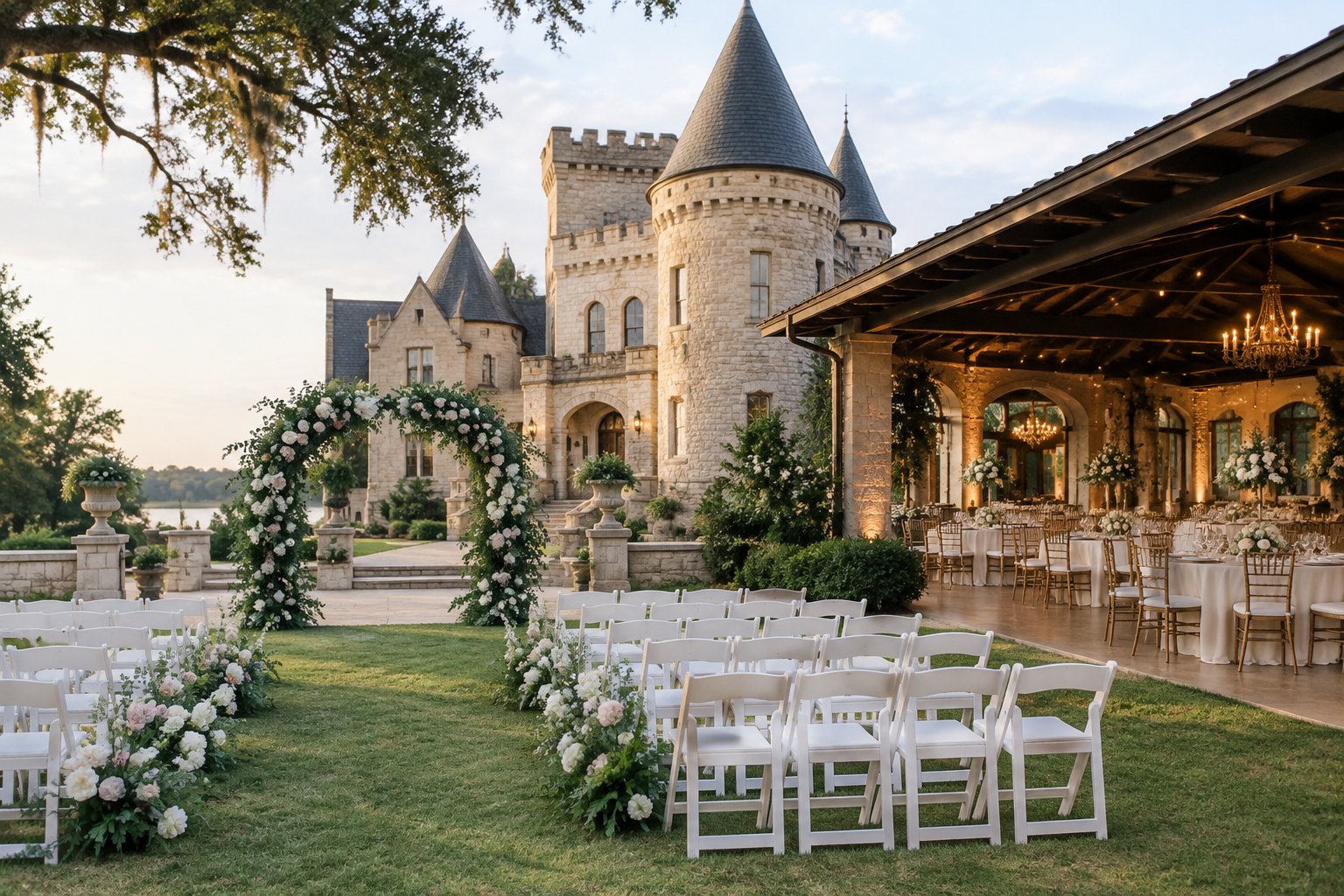 A castle-inspired wedding venue with an outdoor ceremony area and an elegant reception setup.