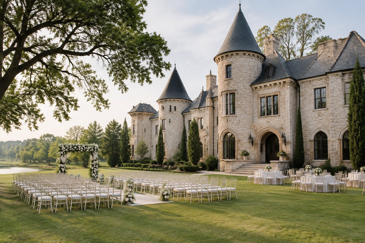 An elegant castle-style wedding venue with manicured grounds, ceremony chairs, and decorated reception tables.