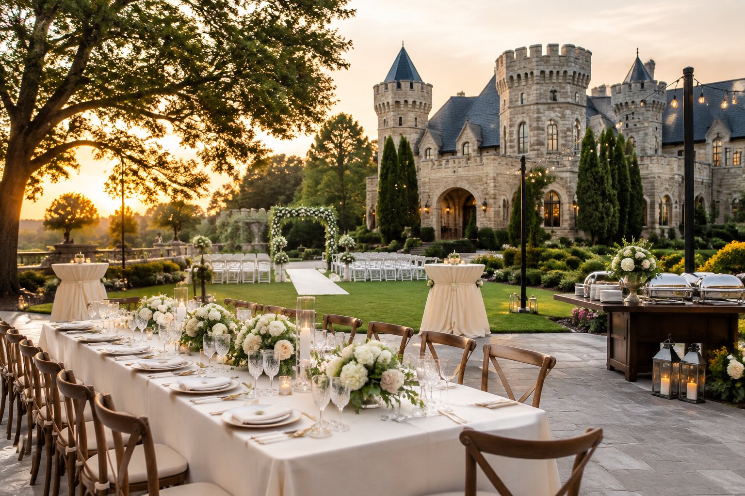 Elegant castle-style wedding venue with a decorated reception table and ceremony setup on landscaped grounds.