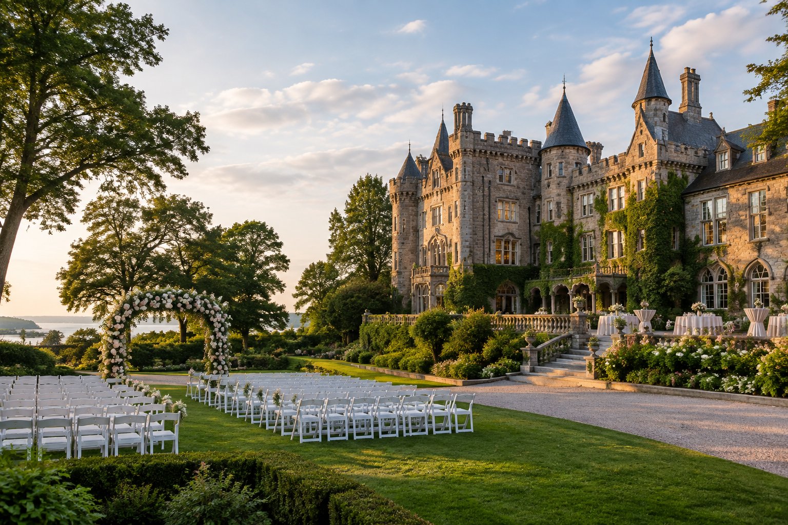 Historic castle wedding venue surrounded by manicured gardens and an outdoor ceremony setup.