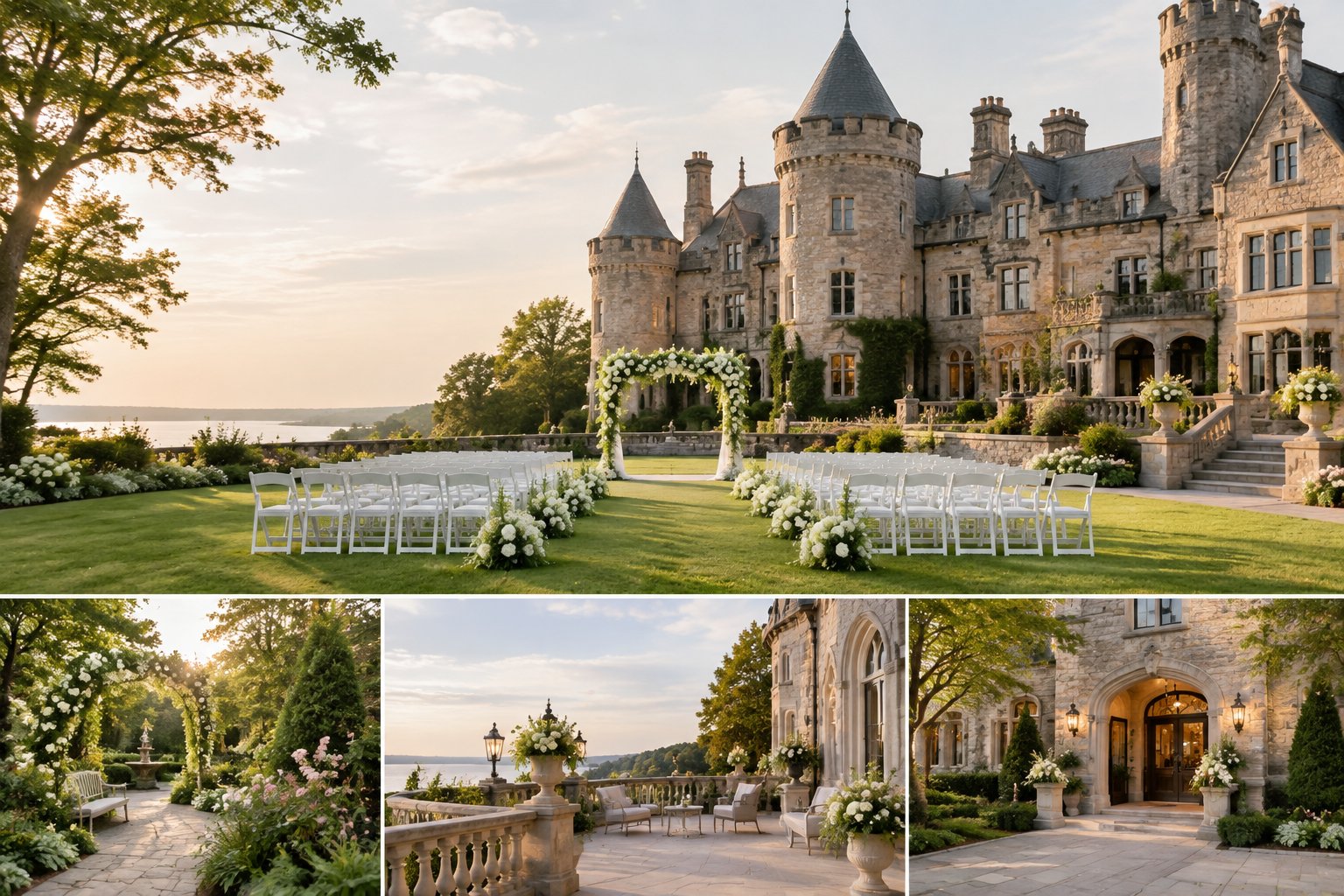 A grand castle wedding venue with stone towers, formal gardens, and an elegant outdoor ceremony setup.
