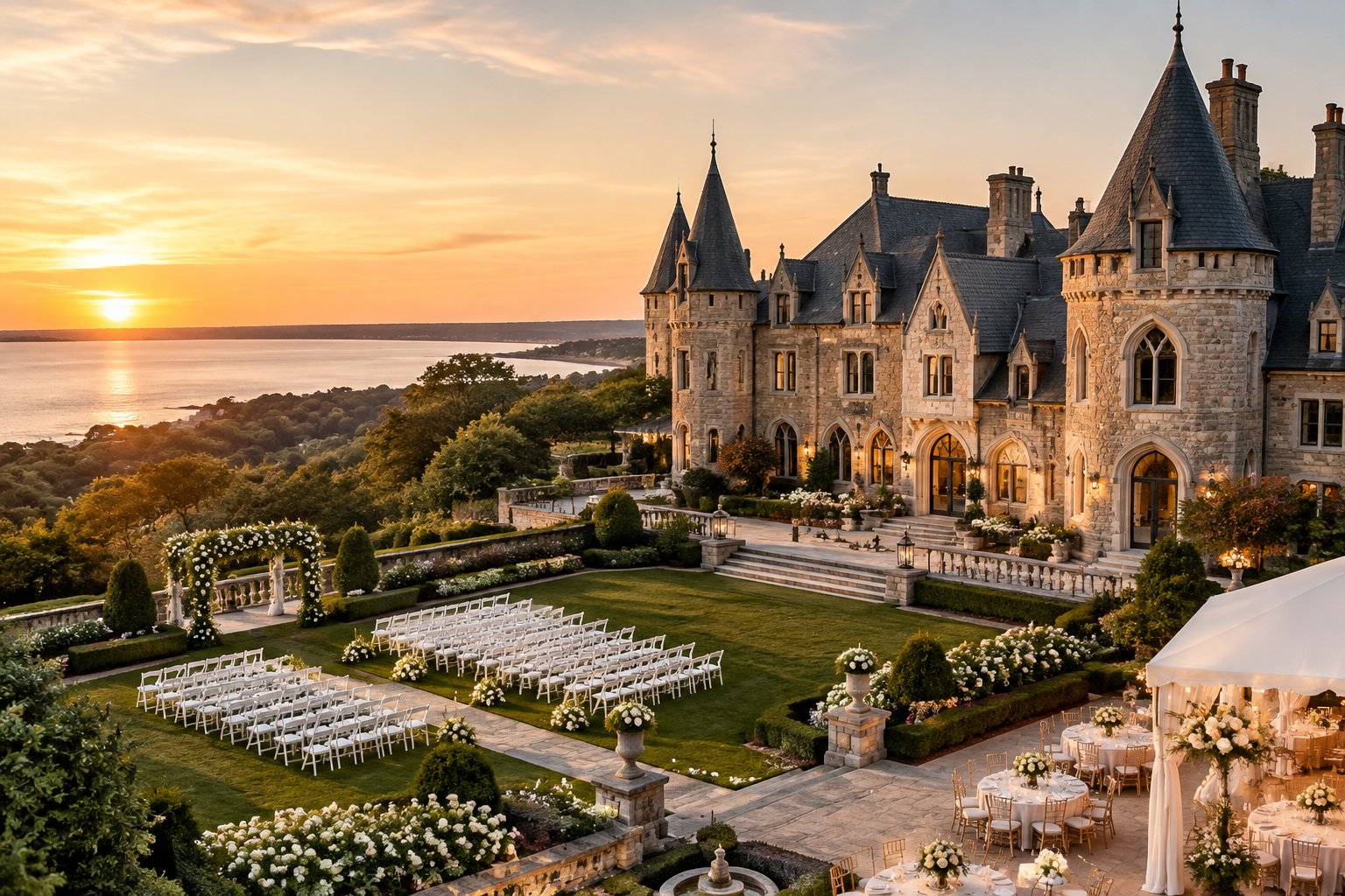 A grand castle-style wedding venue with manicured gardens and an elegant outdoor ceremony setup.