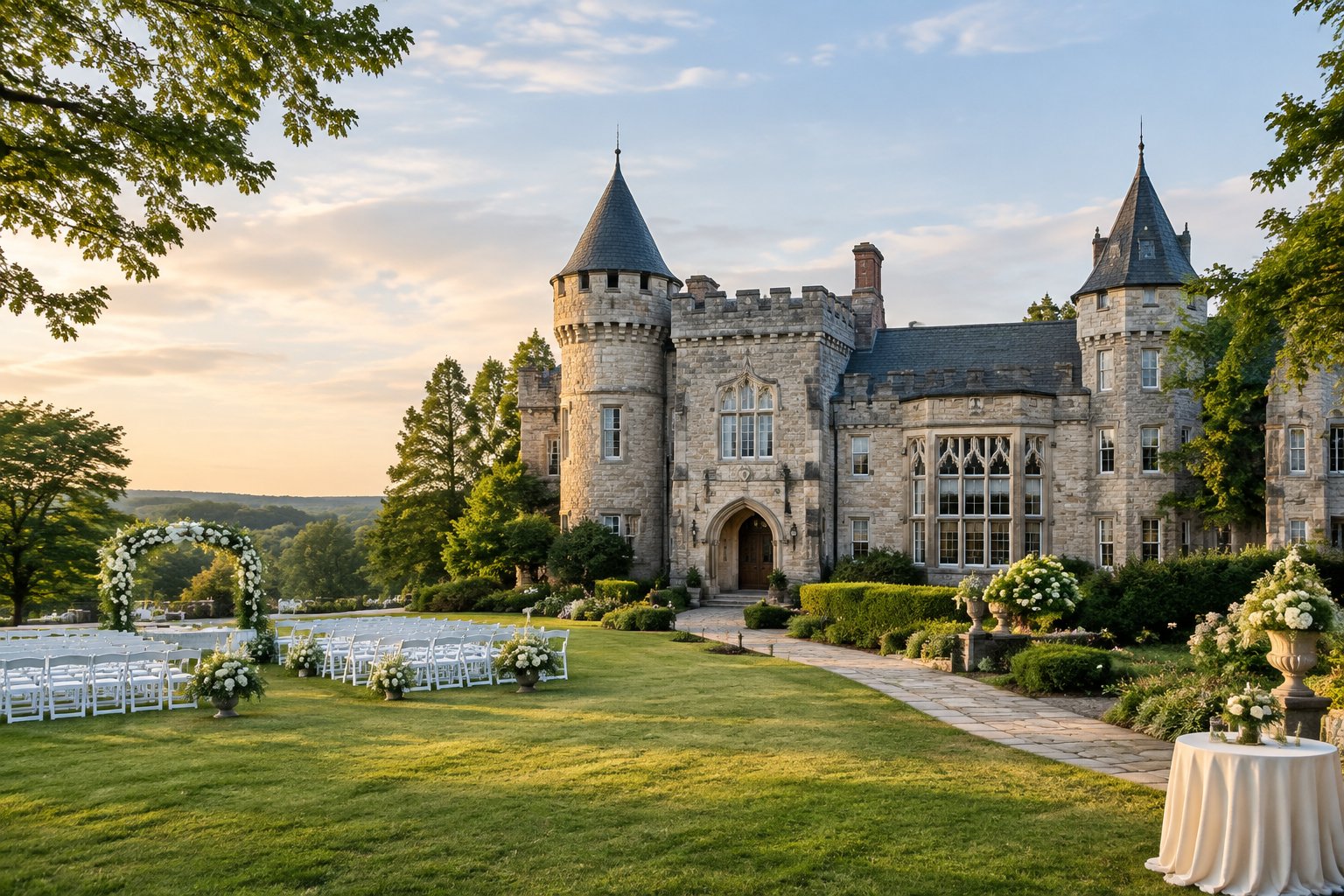 A stone castle-style wedding venue surrounded by lawns, gardens, and outdoor ceremony chairs.