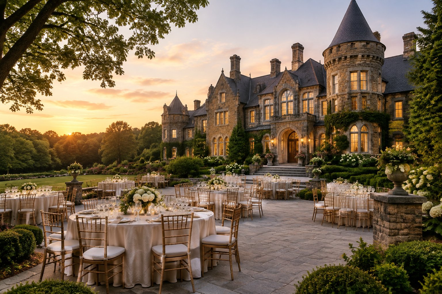 A grand castle-style wedding venue with a spacious outdoor reception setup and landscaped grounds.