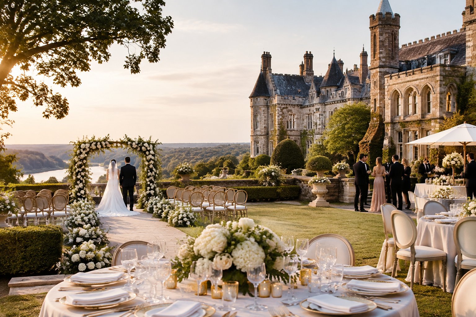 An elegant wedding ceremony taking place on the landscaped grounds of a historic castle estate.