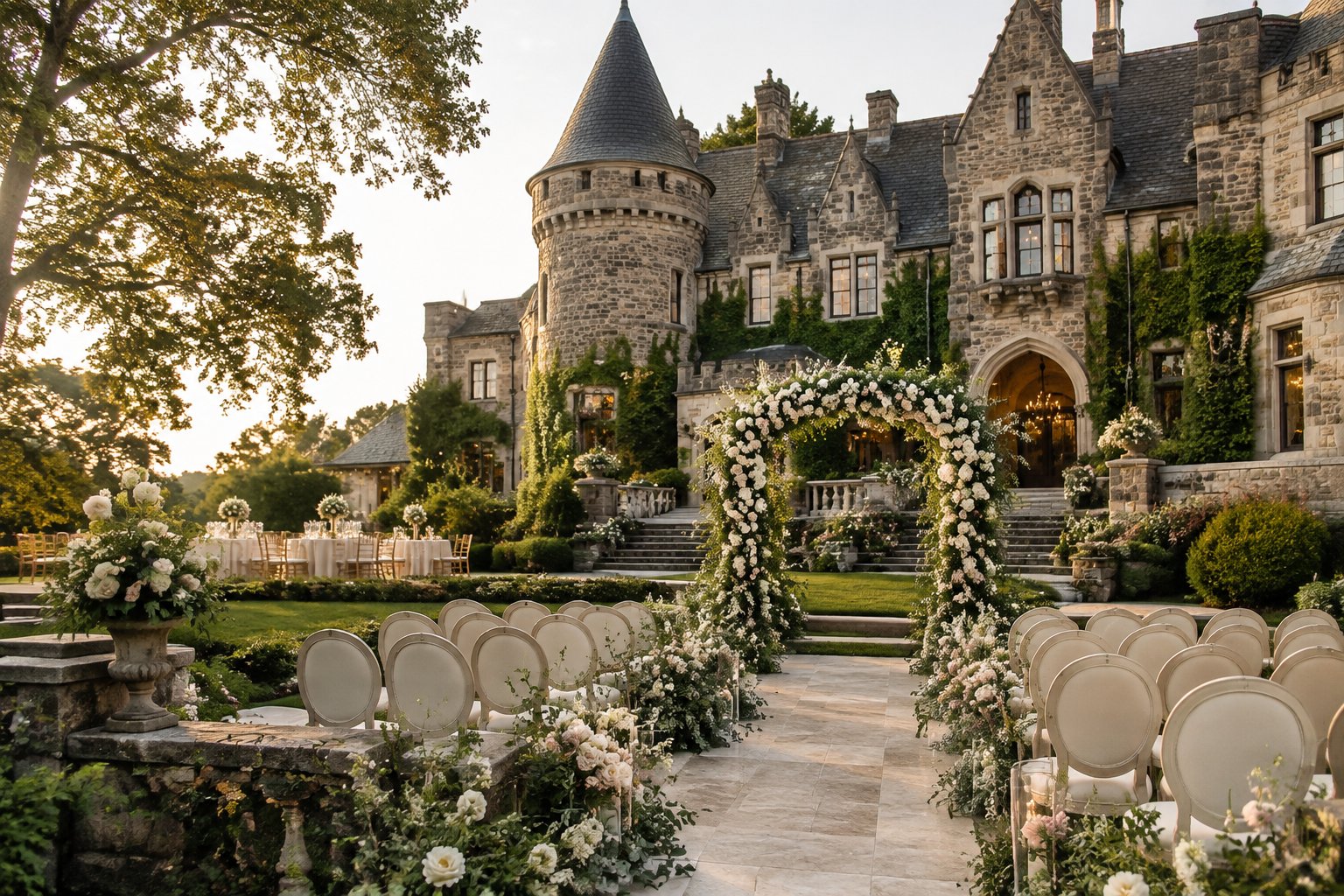 Elegant wedding ceremony setup outside a historic stone castle-like estate surrounded by gardens.