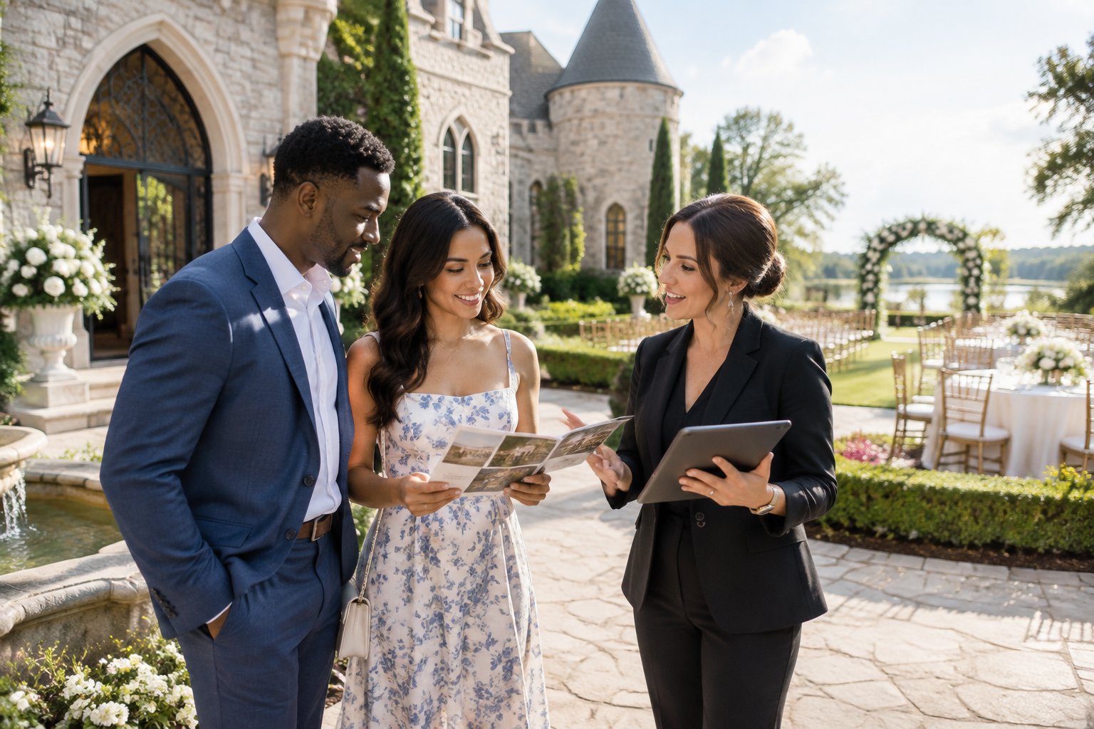 A couple tours a castle-inspired wedding venue with a coordinator in a landscaped courtyard.