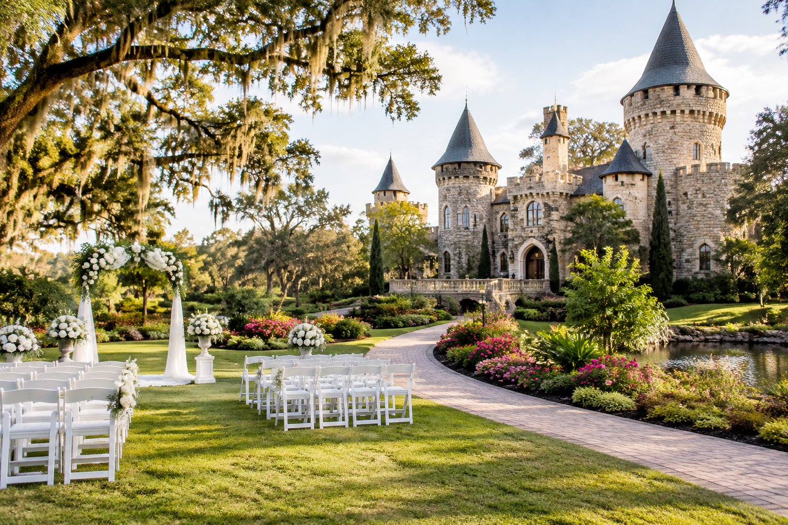 A romantic castle wedding venue surrounded by gardens, trees, and a winding path.