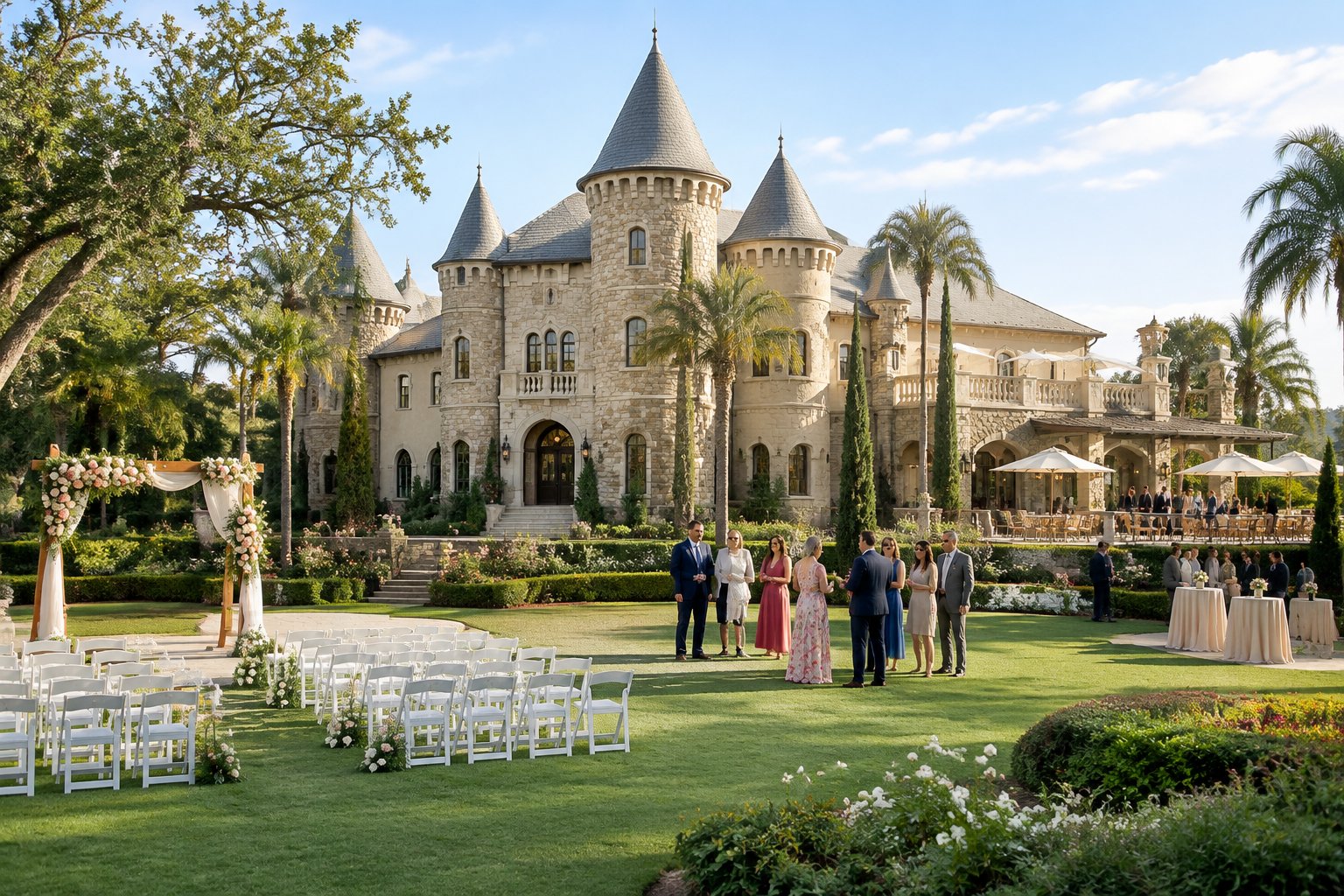 Guests gather near an elegant castle-style wedding venue with landscaped gardens and a ceremony area.