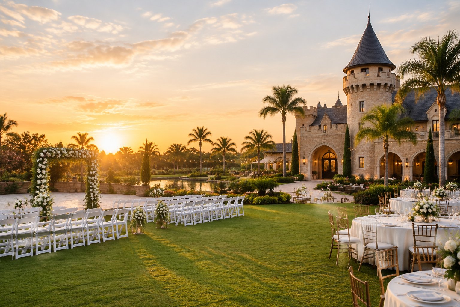 A castle-inspired wedding venue with landscaped grounds and an outdoor ceremony setup.
