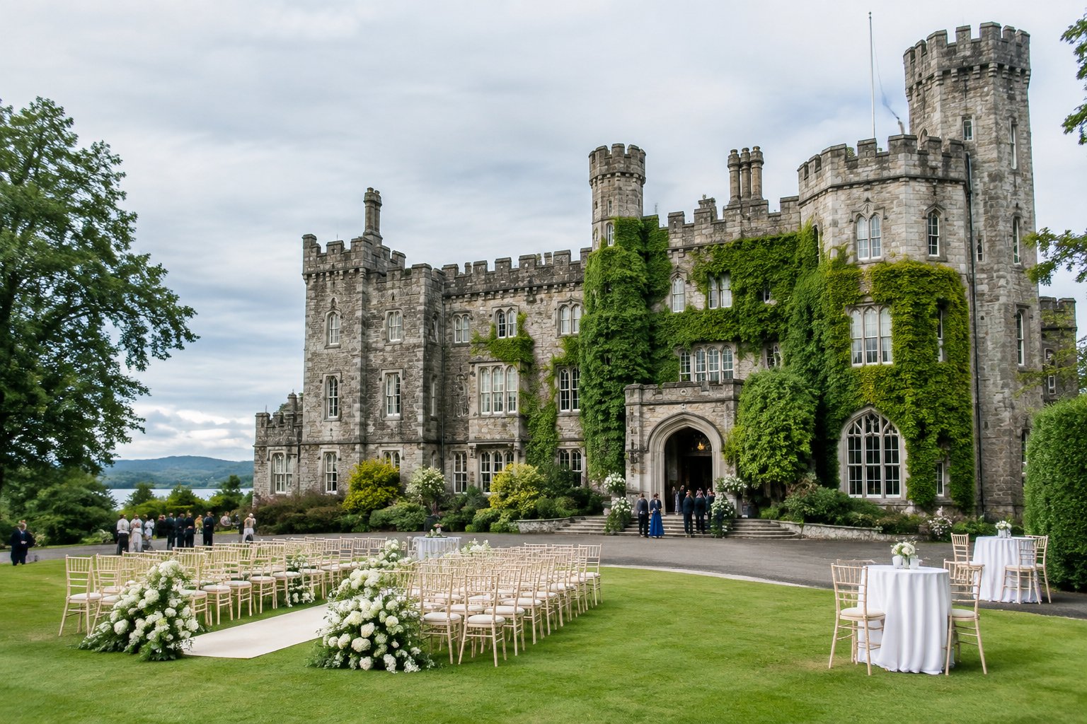 A historic stone castle surrounded by green grounds with an elegant outdoor wedding ceremony setup.