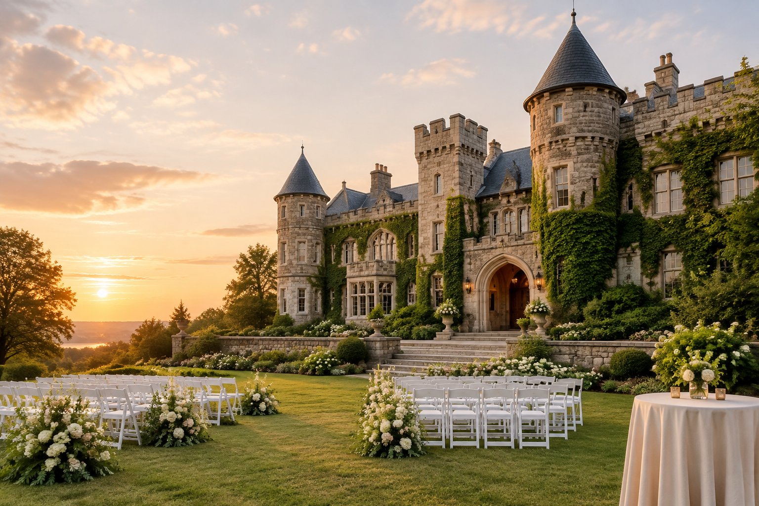 A historic stone castle wedding venue surrounded by landscaped gardens and wedding chairs.