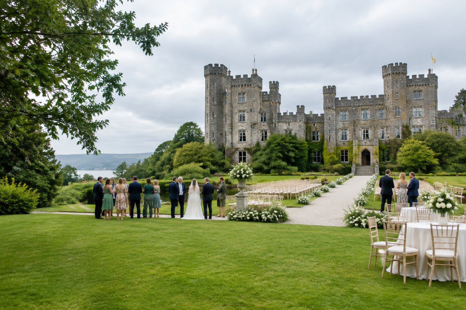 Wedding guests gather outside a historic castle on a green estate.