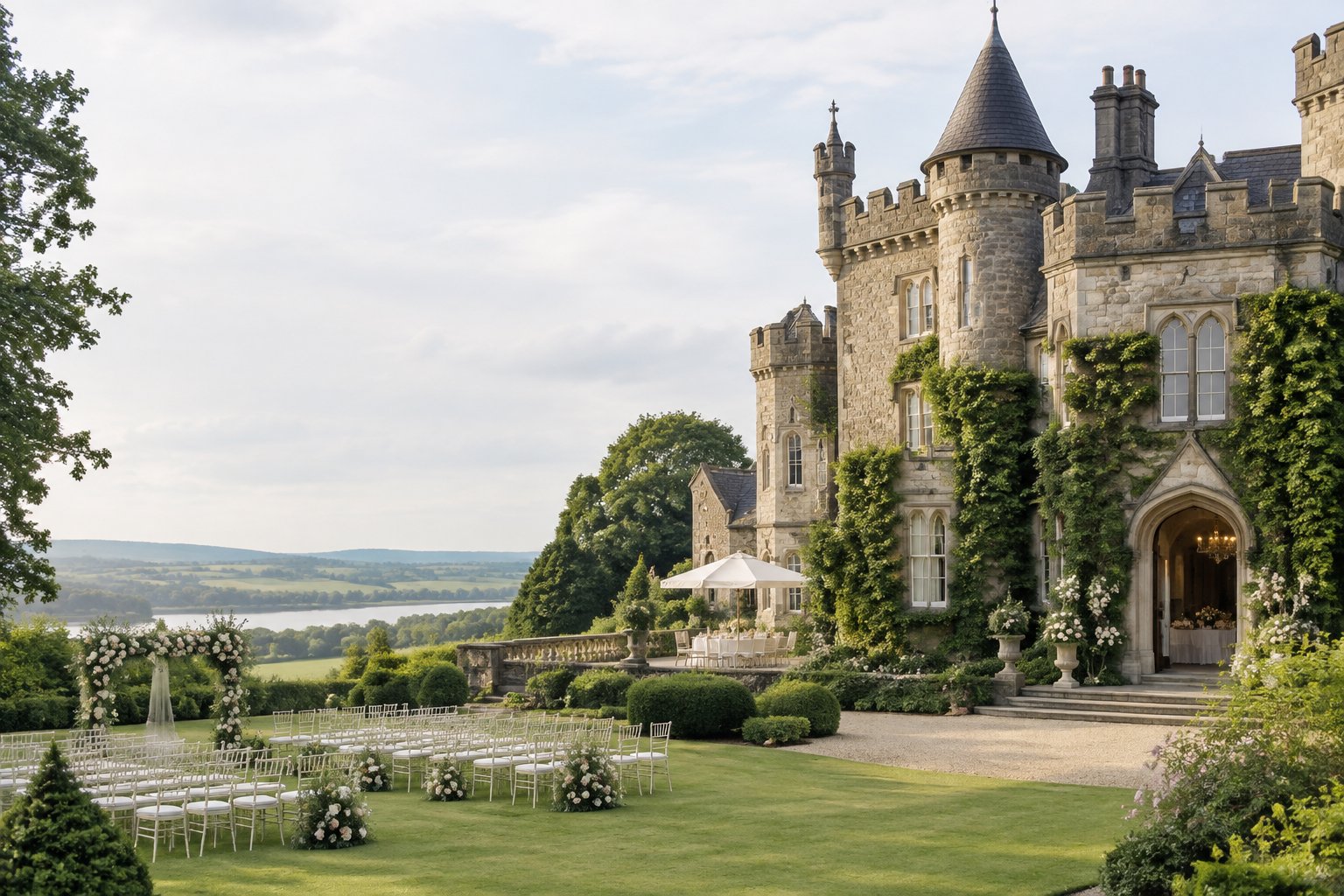 A historic Irish castle wedding venue surrounded by gardens, with outdoor ceremony chairs and floral arrangements.