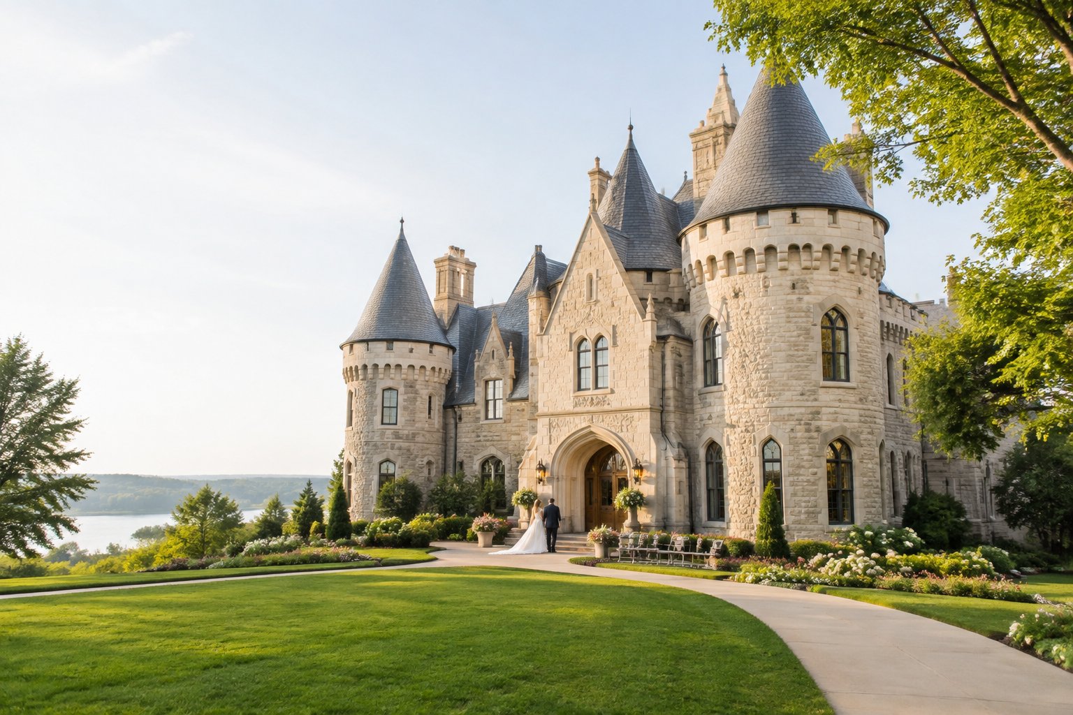 A castle-style wedding venue surrounded by landscaped gardens and green lawns.