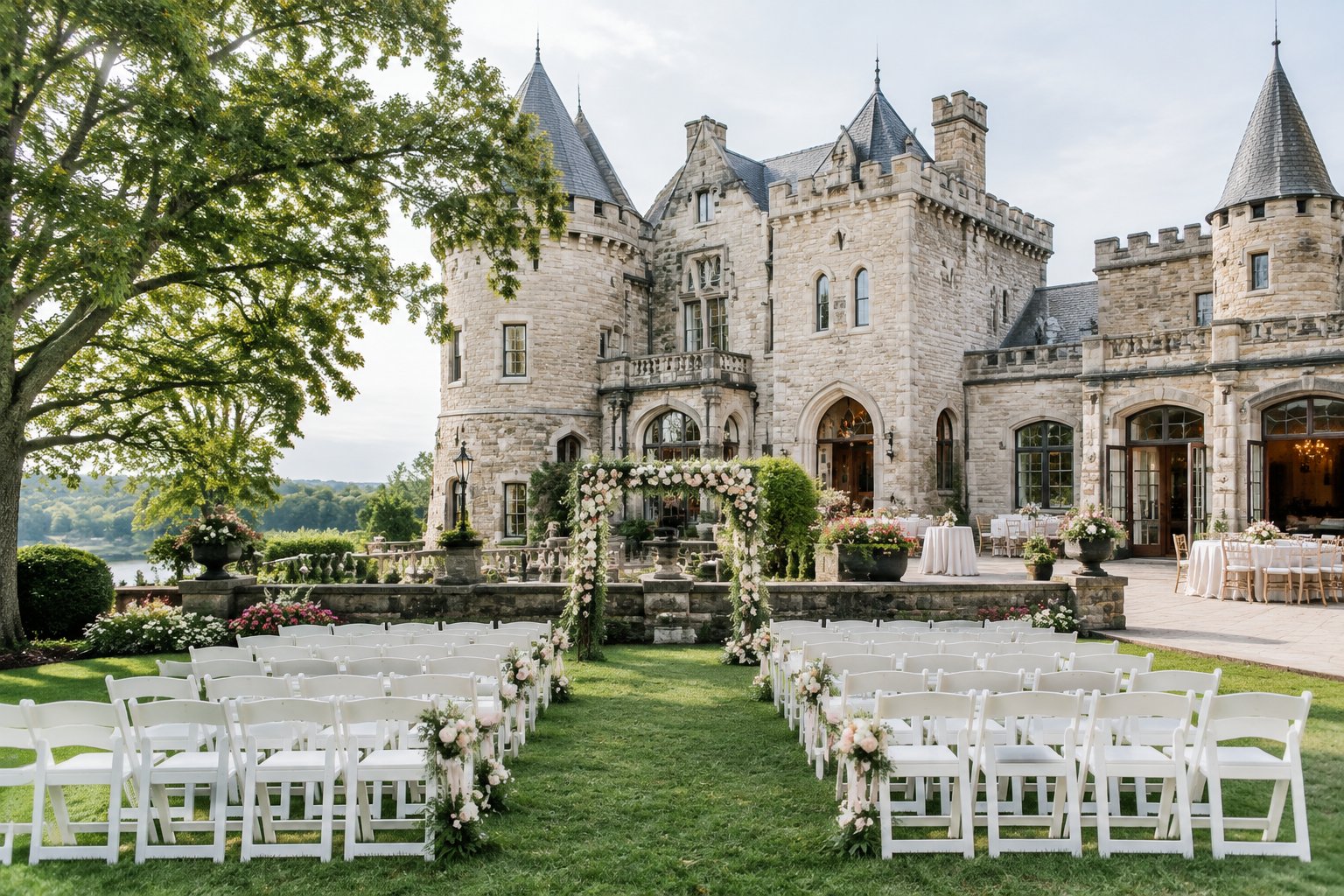 A historic castle wedding venue with manicured gardens, ceremony chairs, flowers, and reception tables.