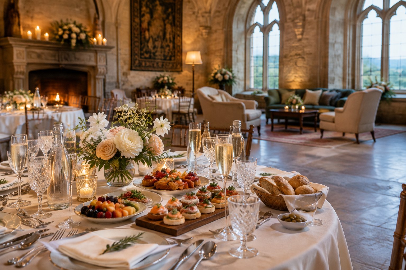 Elegant wedding reception table with food and drinks in a private castle gathering space.