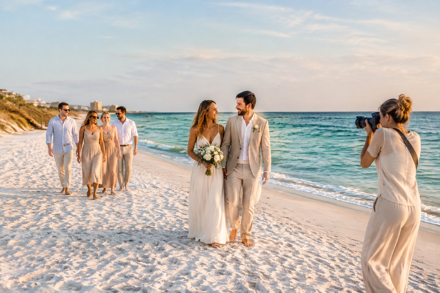 A couple and wedding guests walk along a sunny white-sand beach while a photographer captures the moment.