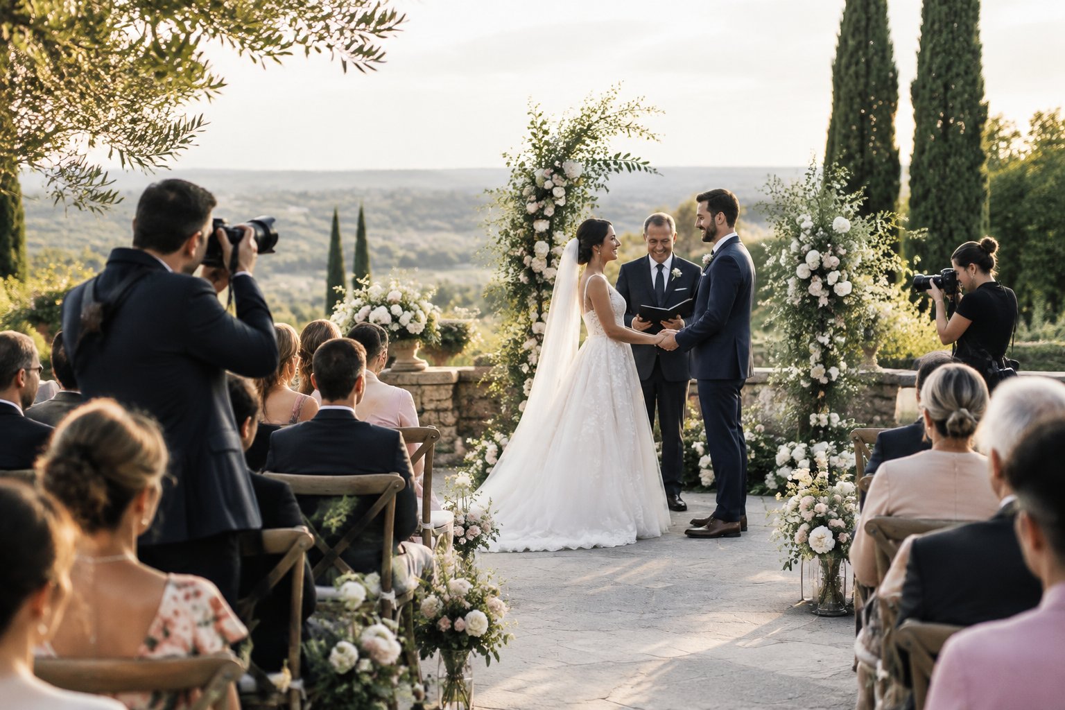 A wedding couple exchanges vows while two photographers capture the ceremony from different viewpoints.