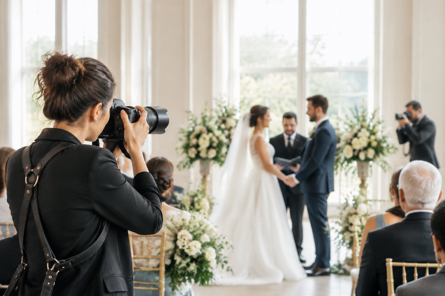 A second wedding photographer captures the couple while the primary photographer works nearby.