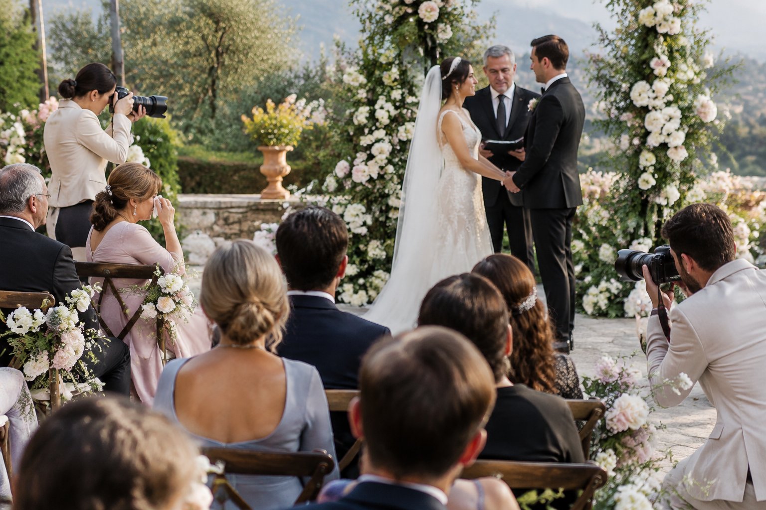 Two wedding photographers capture the couple and guests from different angles during an outdoor ceremony.