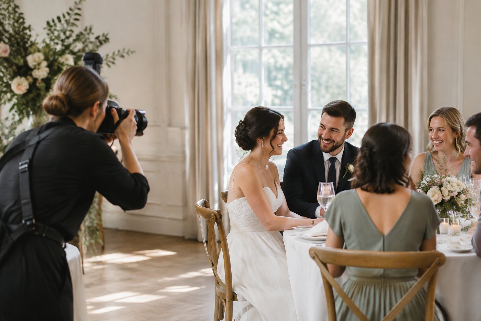 A wedding photographer captures a candid moment between newlyweds and their guests.