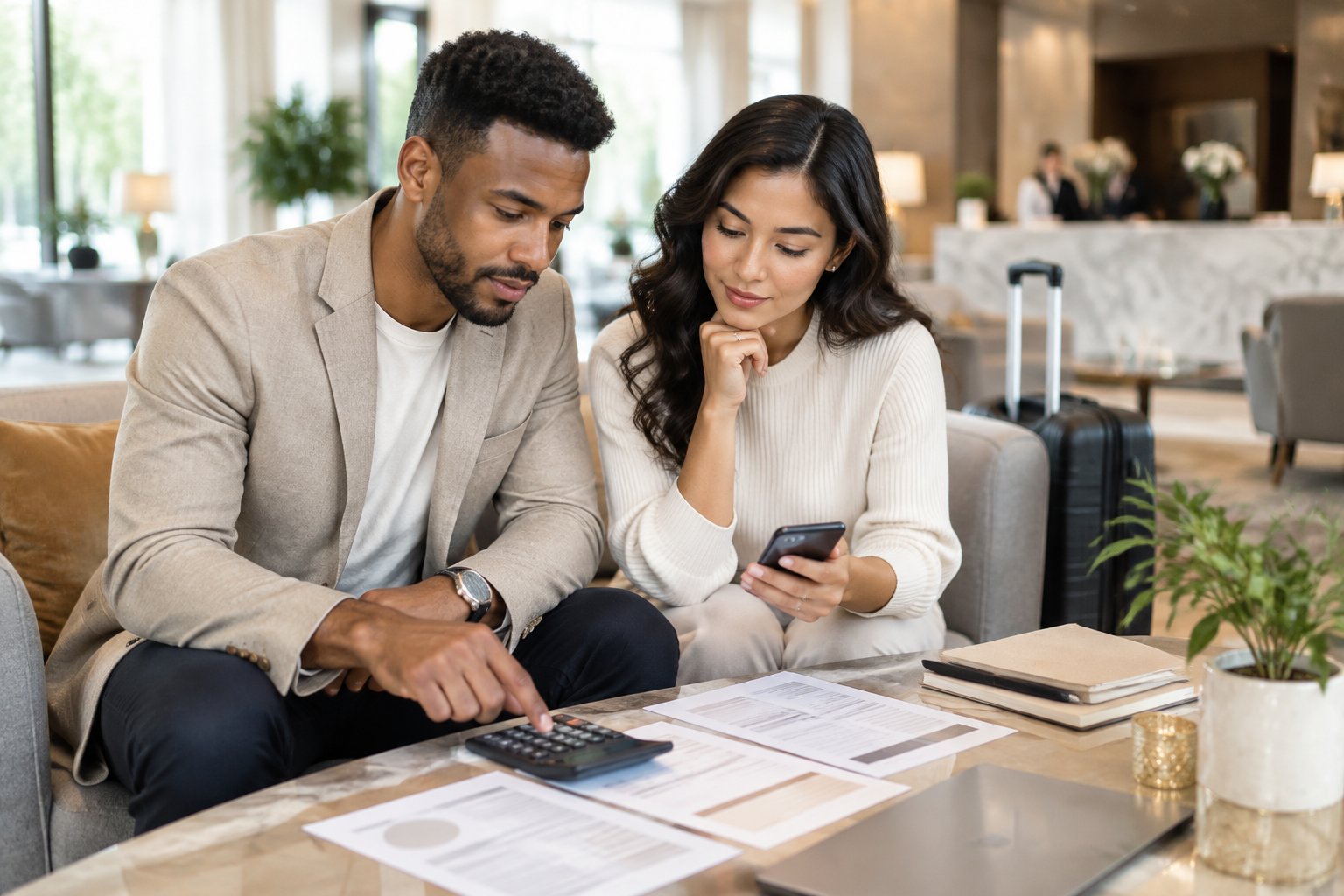 An engaged couple reviews wedding accommodation expenses together in a hotel lounge.