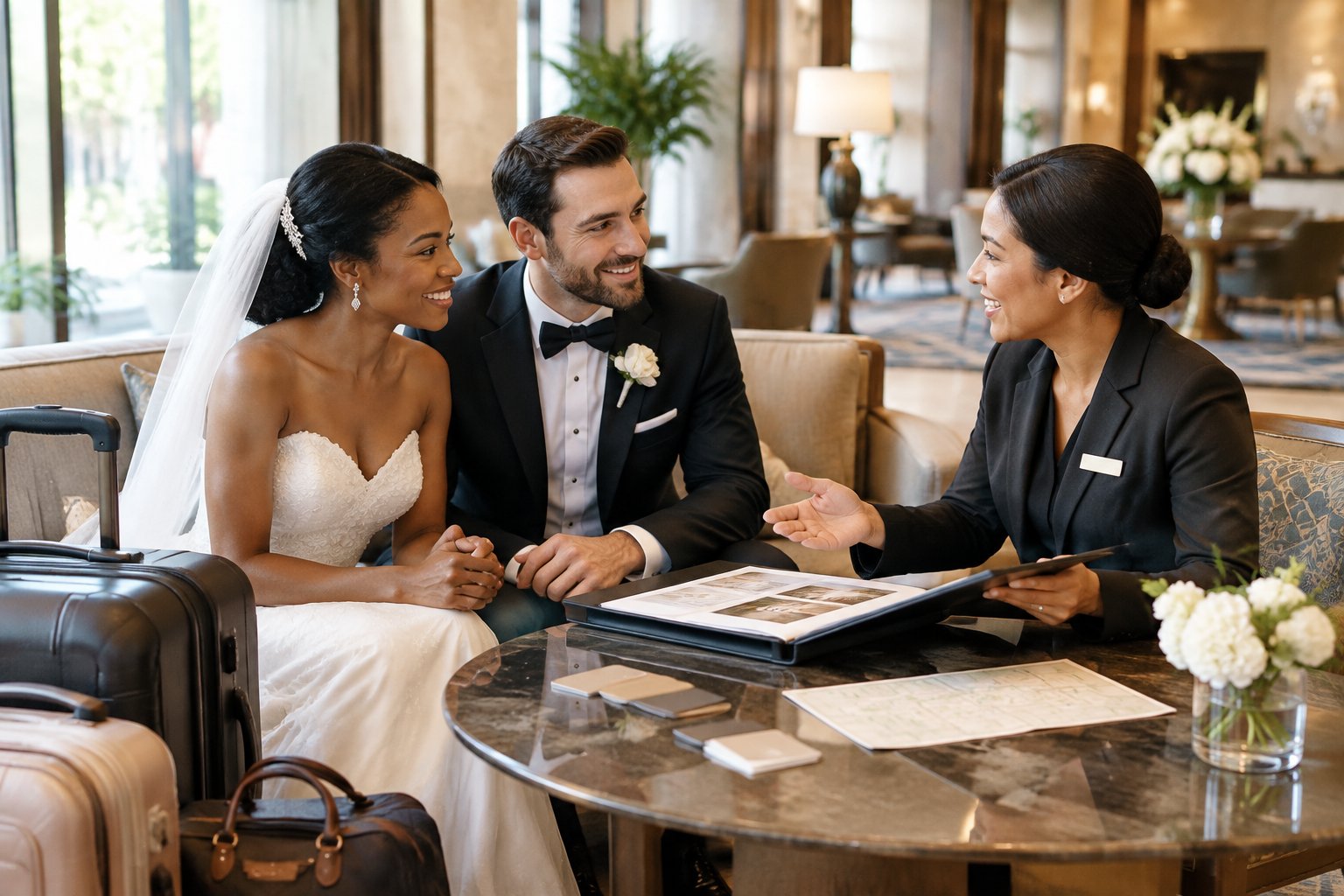 A bride and groom discuss hotel room arrangements with a reservations manager in an elegant hotel lobby.