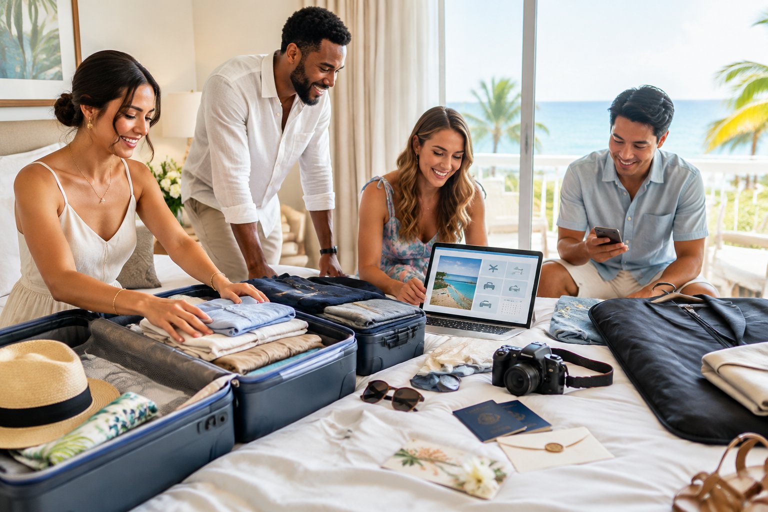 Wedding guests organize clothing, travel documents, and trip essentials before traveling.