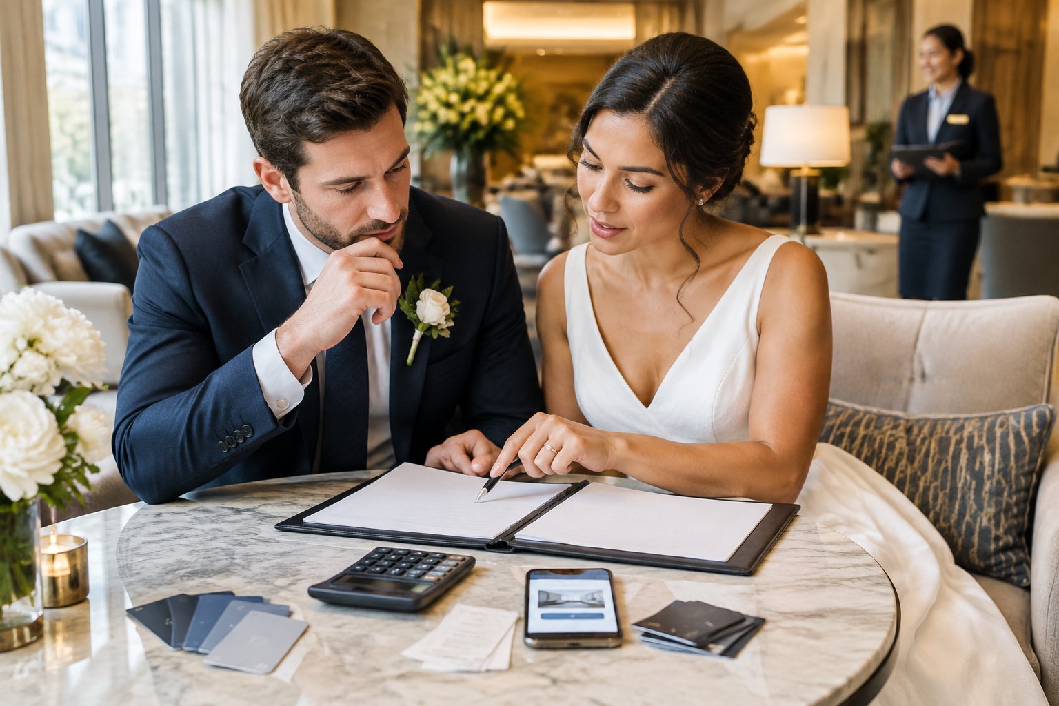 A newlywed couple reviews wedding-related hotel expenses together in an elegant hotel lobby.