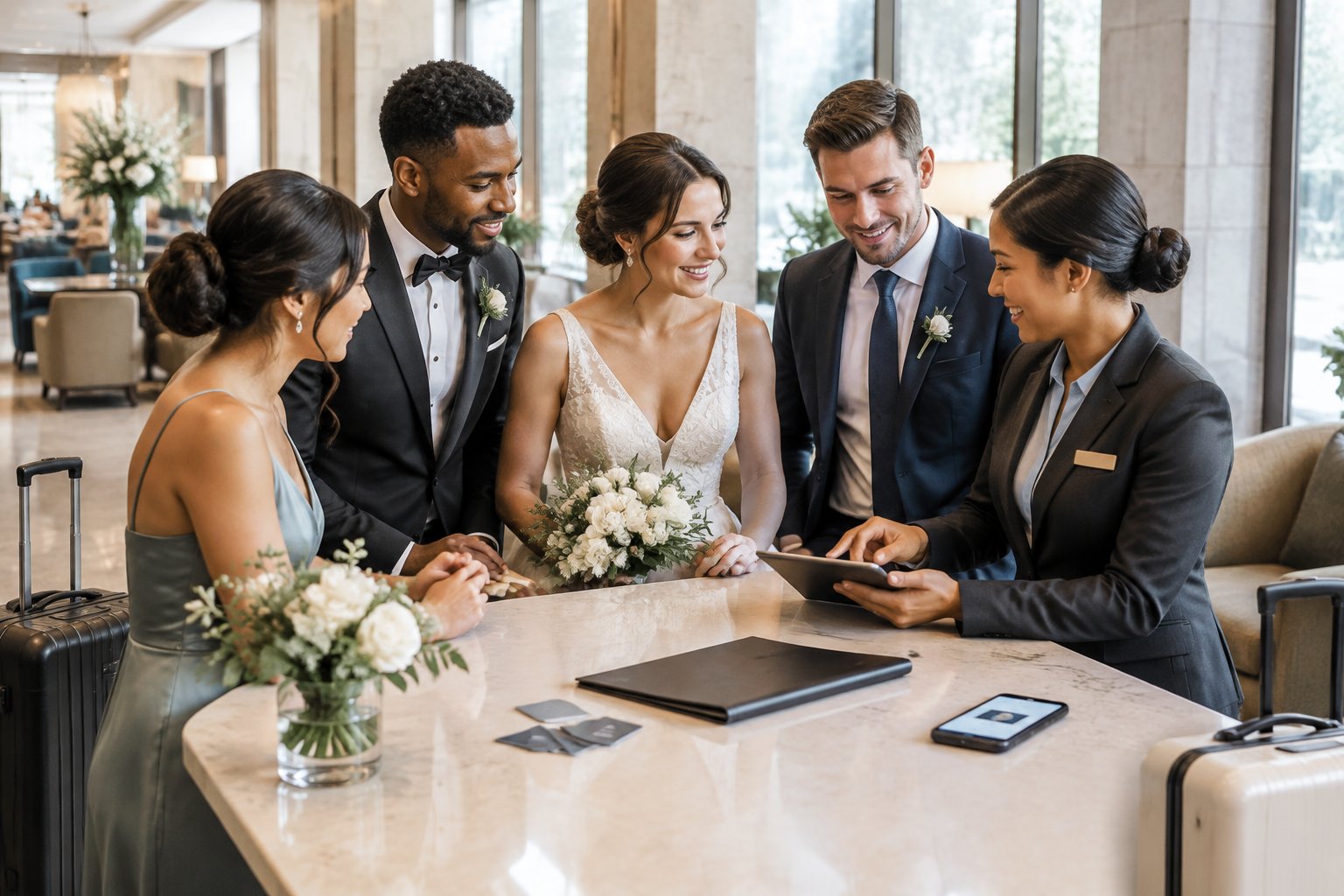 A bride and groom discuss hotel accommodations with members of their wedding party and a hotel concierge in an upscale lobby.
