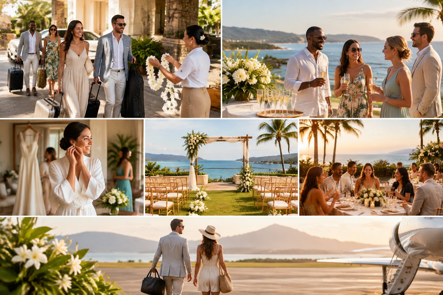 Wedding guests arrive at a seaside resort for a multi-day celebration.