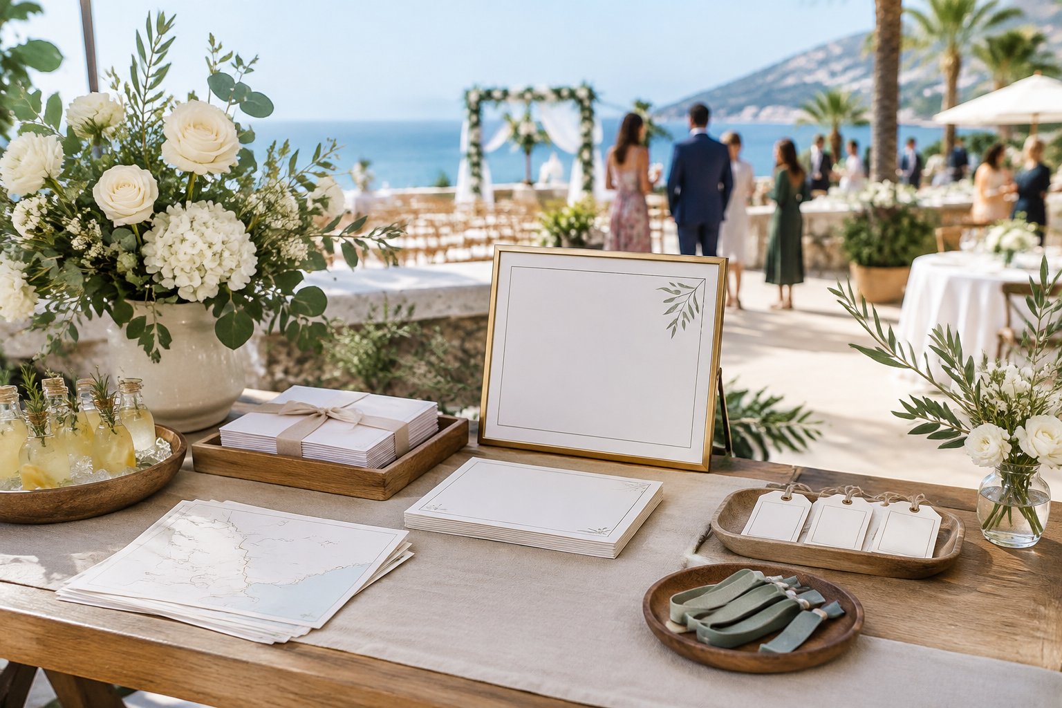 Wedding guests gather beside a decorated welcome table at a scenic destination venue.